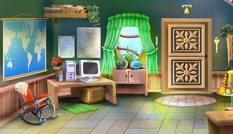 WORLD MAP, ROCKING CHAIR, KEY, CARPET, BELL