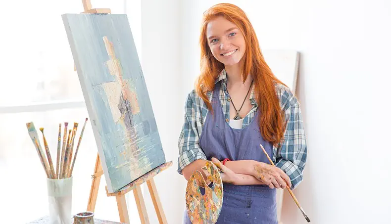 ROUSSE, PEINTRE, TABLIER, PALETTE, CHEVALET