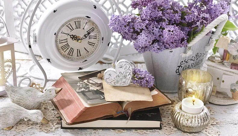 CLOCK, CLOCK HAND, DUCK, LILAC, BOOK