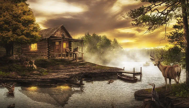 MAISON, BATEAU, CERF, BROUILLARD, LAC