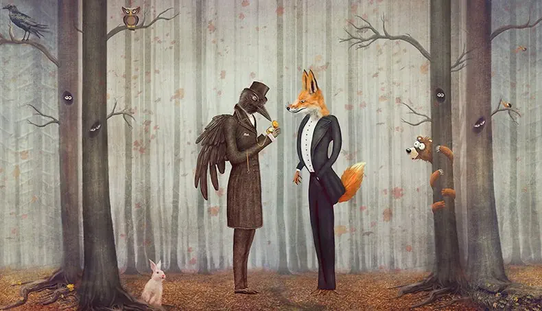 FOX, RABBIT, KNOTHOLE, TOP HAT, RAVEN