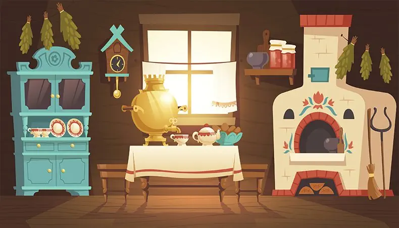 CUCKOO CLOCK, PENDULUM, SAMOVAR, BROOM, BIRCH TWIGS