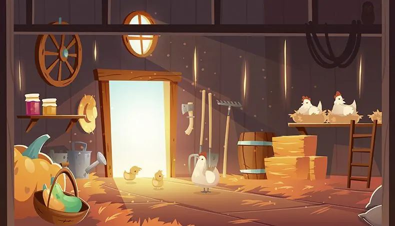 AXE, RAKE, HEN, HENHOUSE, CHICK