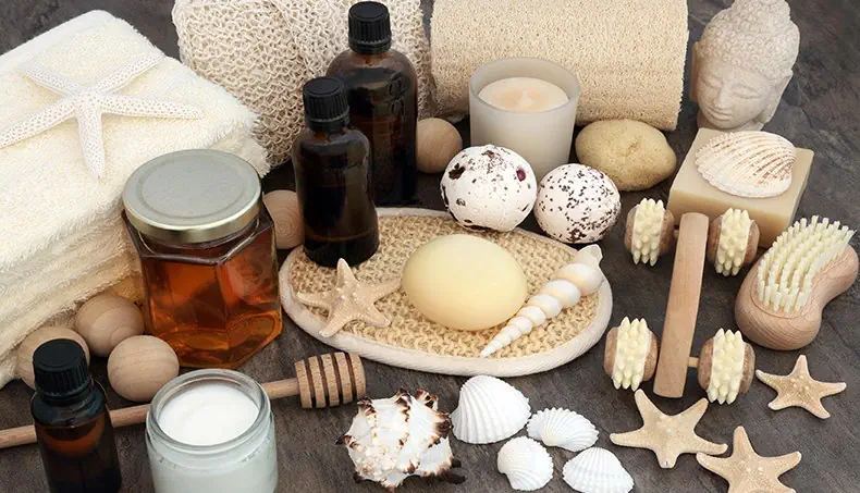 AROMATHÉRAPIE, LUFFA, MIEL, COQUILLAGE, MASSEUR