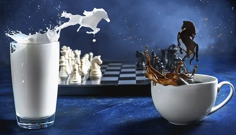 COFFEE, MILK, CHESS, CHESS PIECES, WHITE