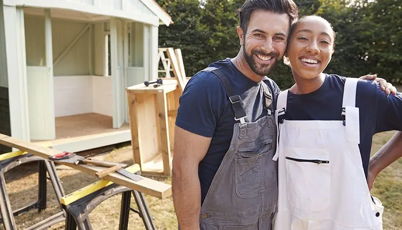 OVERALLS, ZIPPER, SAWHORSE, TOOLS, COUPLE