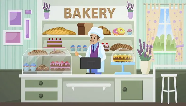 COUNTER, STOOL, PASTRIES, CAKE, BREAD