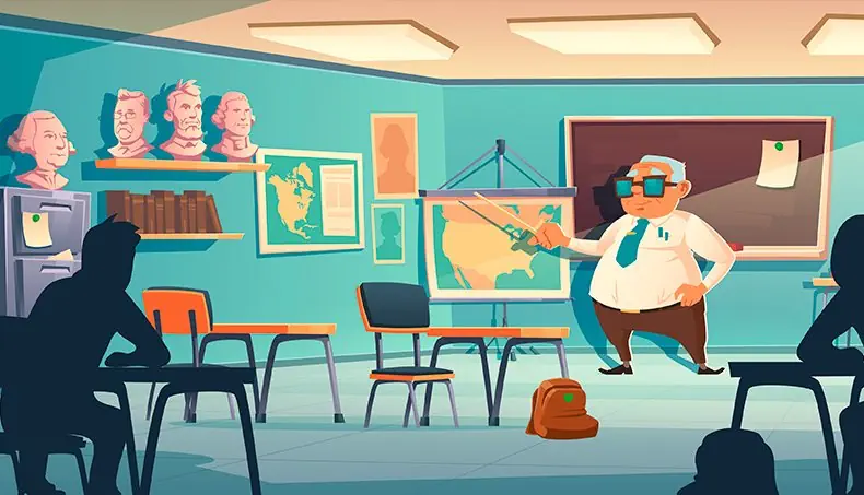 TEACHER, CLASSROOM, STUDENTS, MAP, CHALKBOARD