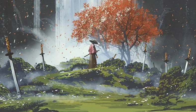 САМУРАЙ, ВОДОПАД, КАТАНА, ПРИРОДА, ДЕРЕВО