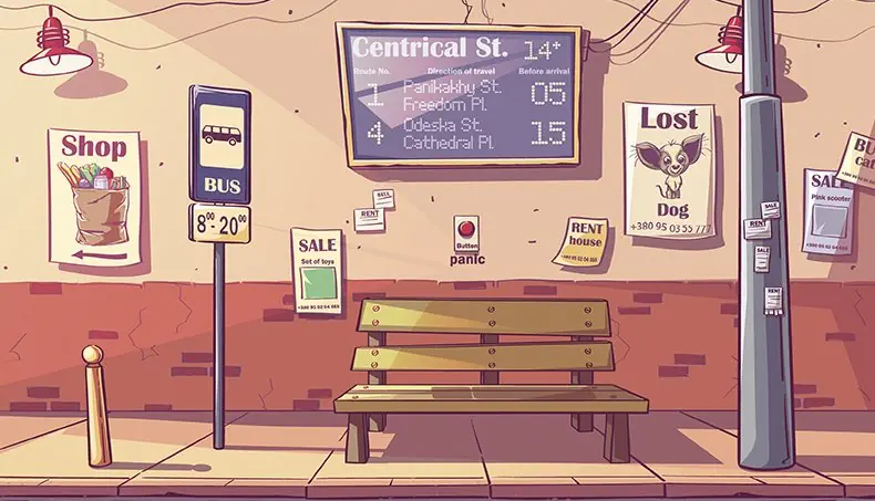 STOP, BENCH, BUTTON, POLE, BOARD