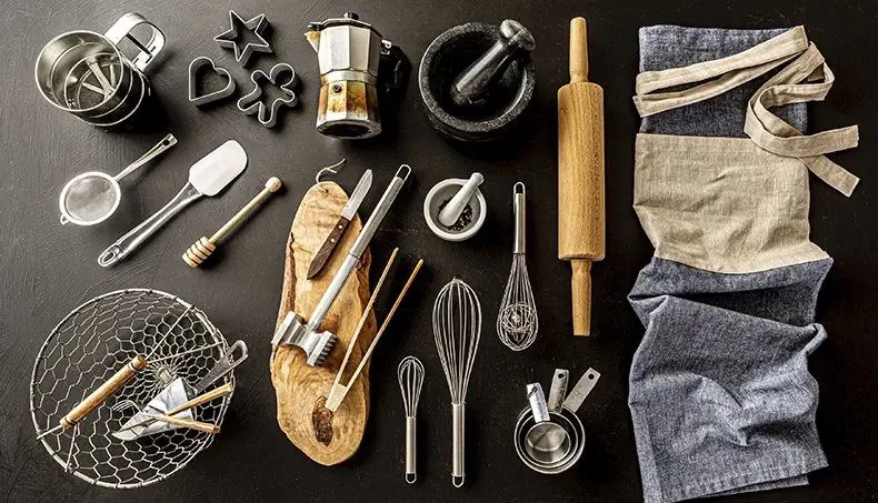 COFFEE POT, STRAINER, MALLET, SPATULA, ROLLING PIN
