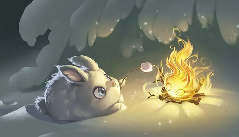 GUIMAUVE, LAPIN, FEU DE CAMP, YEUX, NEIGE