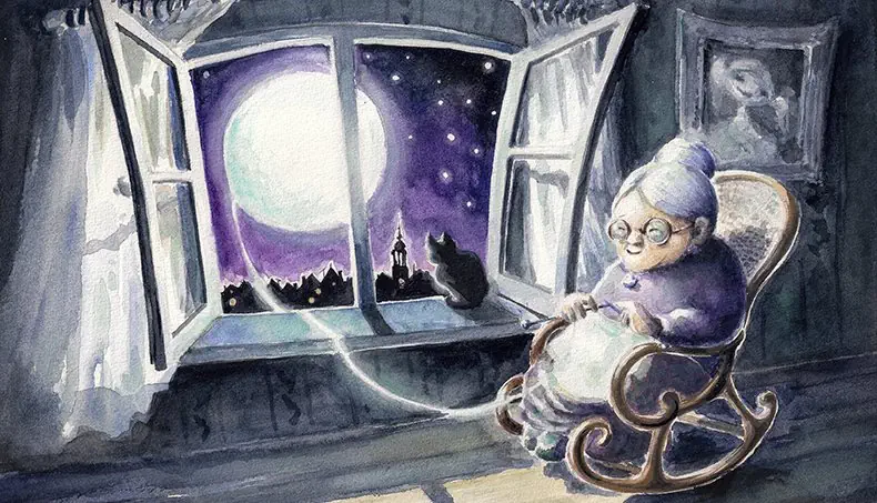 GRAND-MÈRE, PLEINE LUNE, VILLE, CHAT, APPUI DE FENÊTRE