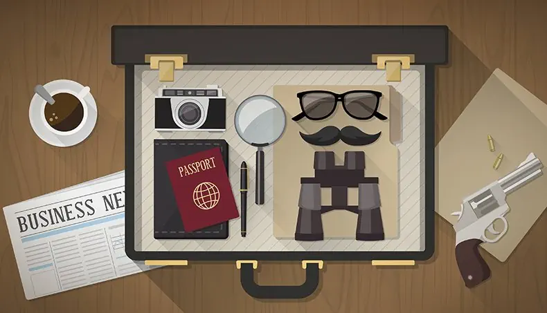 PASSEPORT, MOUSTACHE, JUMELLES, LOUPE, 