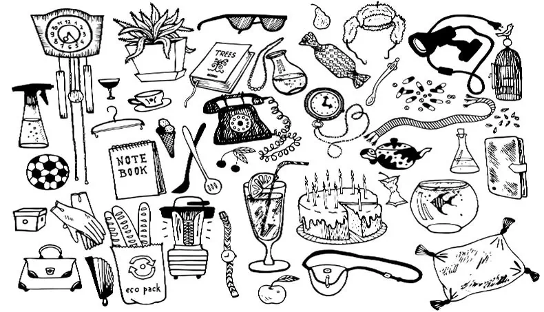 TÉLÉPHONE, BAGUETTE, GÂTEAU, COCKTAIL, AQUARIUM