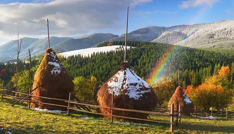 BOTTE DE FOIN, ARC-EN-CIEL, MONTAGNE, NUAGE, PALISSADE