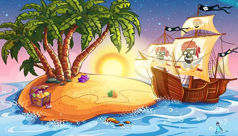 TRÉSOR, PALMIERS, ÎLE, NAVIRE, PIRATES