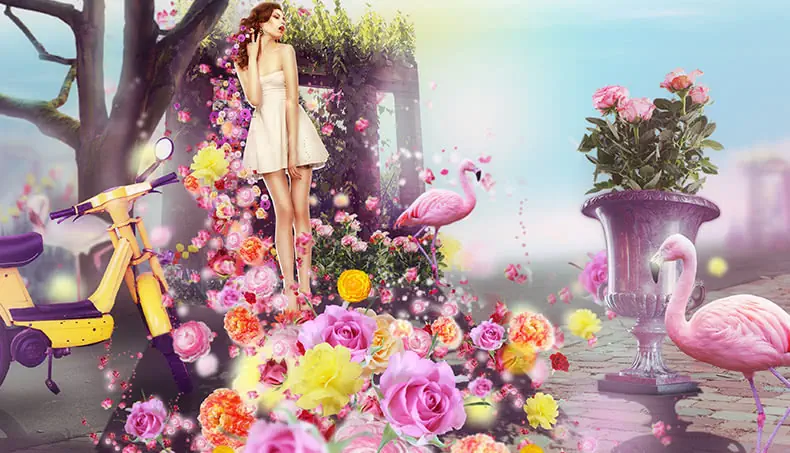 POT DE FLEURS, FLAMANT, CYCLOMOTEUR, ROSE, ROSE