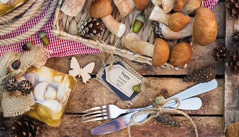POMME DE PIN, CHAMPIGNON, PAPILLON, COUTEAU, FOURCHETTE