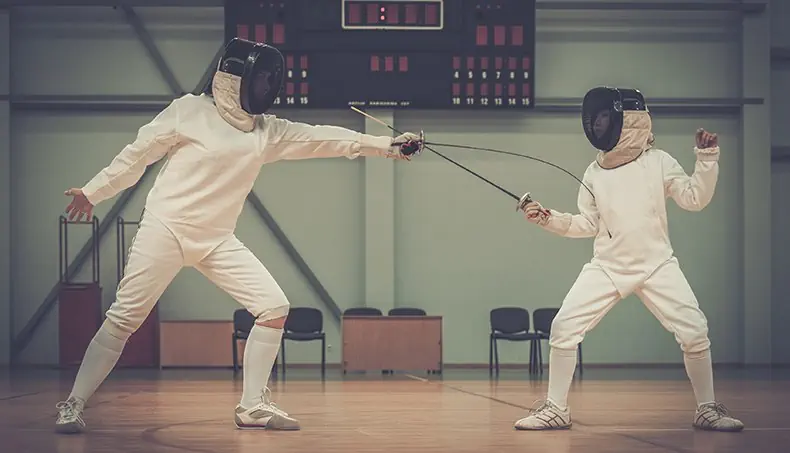 ESCRIME, ÉPÉE, CASQUE, TABLEAU, POSITION