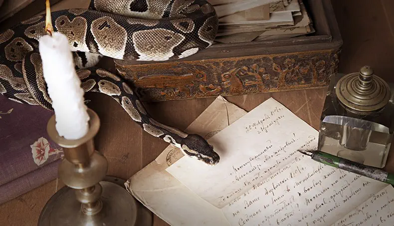 ÉCRITURE, SCULPTURE, SERPENT, PLUME, BOUGIE