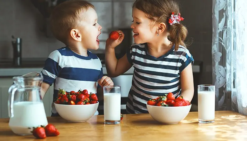 LAIT, CRUCHE, VERRE, FRAISES, BOL