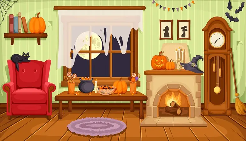 HALLOWEEN, FAUTEUIL, CHEMINÉE, BALAI, HORLOGE