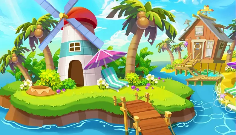 NOIX DE COCO, PONT, PARASOL, MOULIN, PALMIER