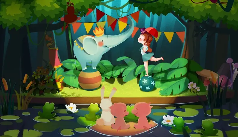 BOULE, ÉLÉPHANT, COURONNE, ROSEAU, LAPIN