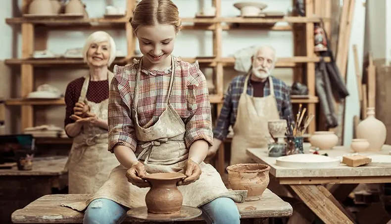 GRANDMOTHER, GRANDFATHER, WORKROOM, POT, APRON
