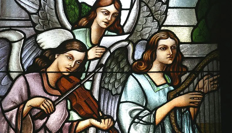 MUSIQUE, ANGE, ÉGLISE, VITRAIL, TROIS