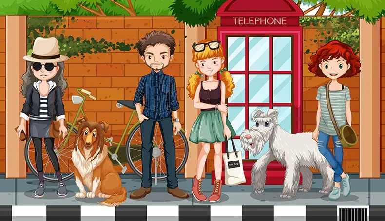 FALDA, COLLIE, BICICLETA, CABINA TELEFÓNICA, BORDILLO