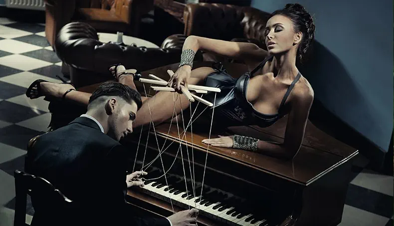 PUPPET, PUPPETEER, PIANO KEYS, GRAND PIANO, MAN