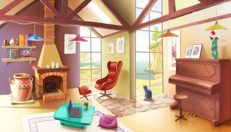 PIANO, FIREPLACE, PILLOW, CAT, ARMCHAIR