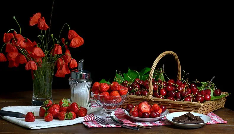 FRAISES, CERISES, FOURCHETTE, BAIES, CHOCOLAT