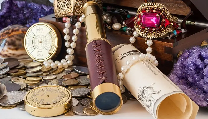 PERLES, COFFRET, TRÉSOR, PIÈCES, ROULEAU