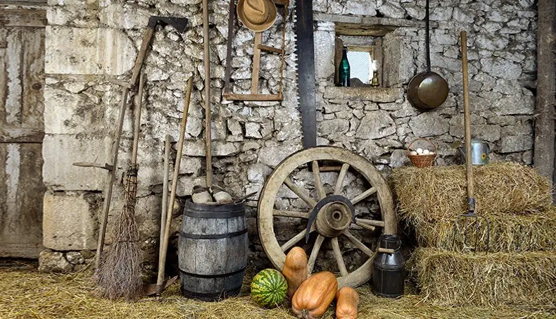 BARREL, MILK CHURN, SAW, PITCHFORK, BROOM