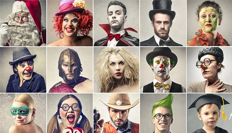 DRACULA, CLOWN, COWBOY, SPARTAN, SANTA
