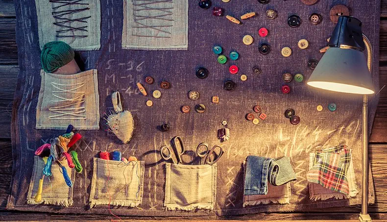 BUTTONS, POCKET, SCISSORS, THREADS, LAMP