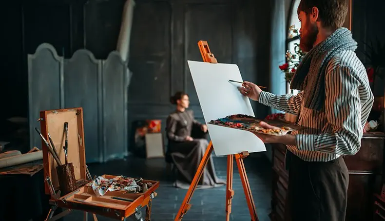 ARTIST, MODEL, EASEL, PAPER, PAINTS