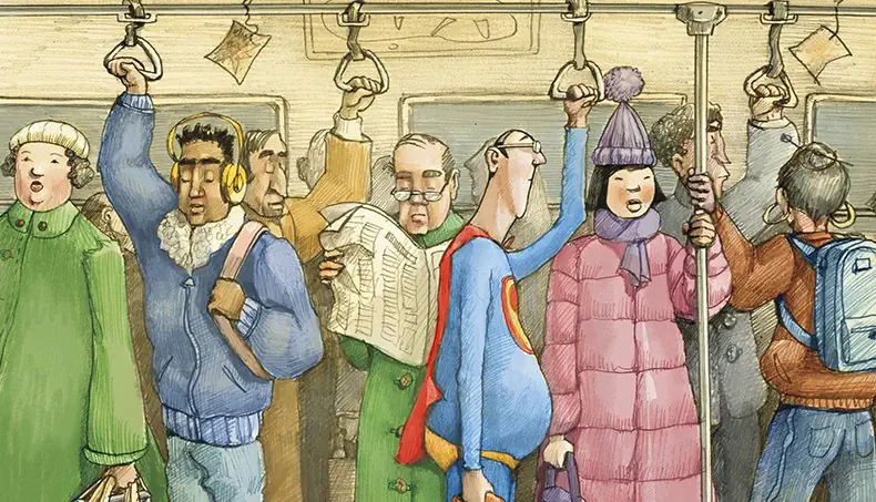 MENNESKEMÆNGDE, UNDERGRUNDSBANE, HOVEDTELEFONER, AVIS, SUPERMAN