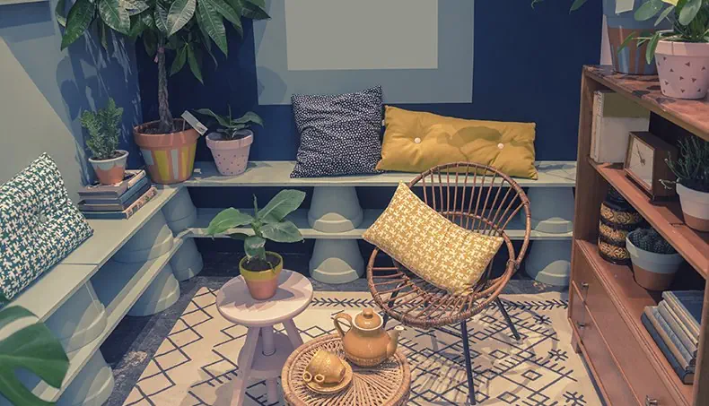 TEAPOT, ARMCHAIR, SHELF, PILLOW, STACK