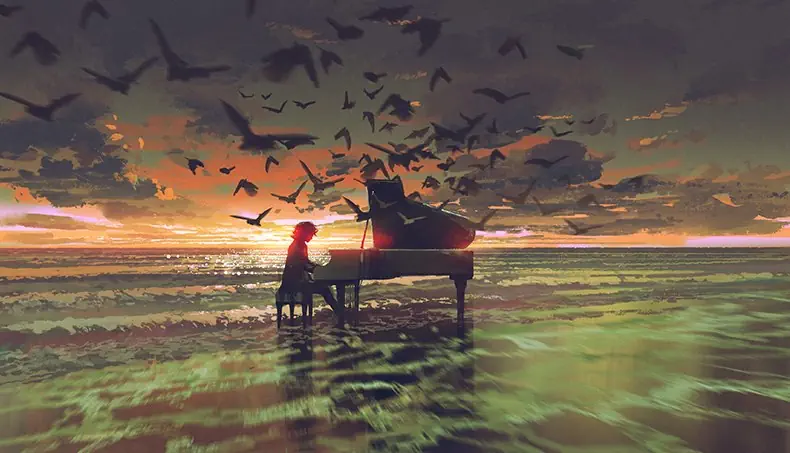 PIANO, SURF, SUNSET, HORIZON, PIANIST