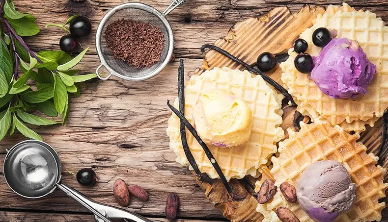 SORVETE, WAFFLE, ERVAS, BAUNILHA, CACAU
