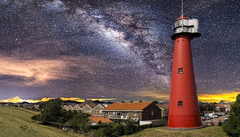 MILKY WAY, LIGHTHOUSE, WINDOW, ROOF, TOWN