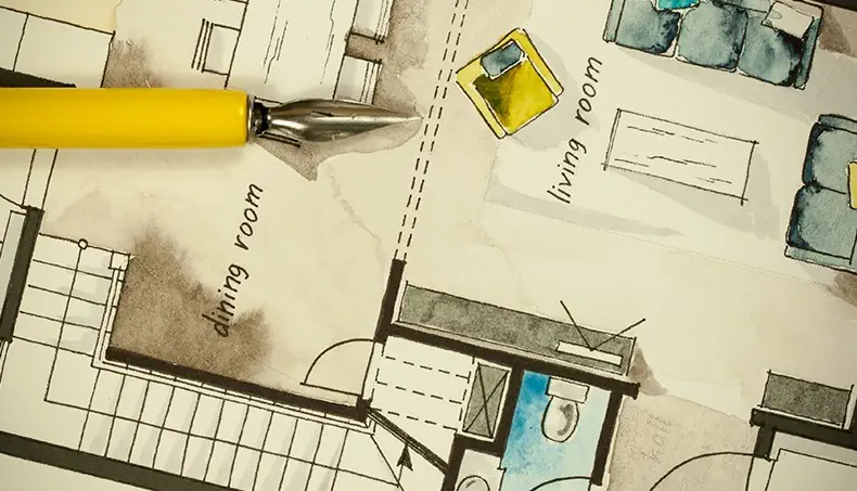 PLAN, QUILL PEN, TOILET, STAIRS, TABLE