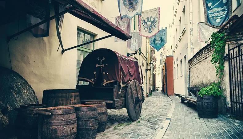 BARREL, GATE, COAT OF ARMS, ALLEYWAY, WHEEL
