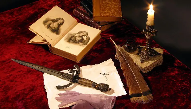 GLOVE, PORTRAIT, DAGGER, NOVEL, FEATHER