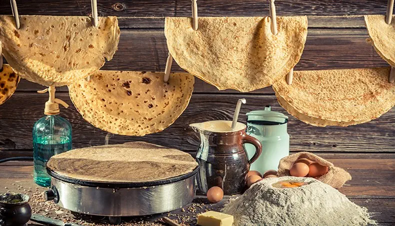 PANCAKES, FLOUR, EGGS, MILK CHURN, CLOTHESPIN