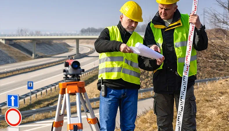GÉODÉSIE, PANNEAU, INGÉNIEUR, AUTOROUTE, TRÉPIED